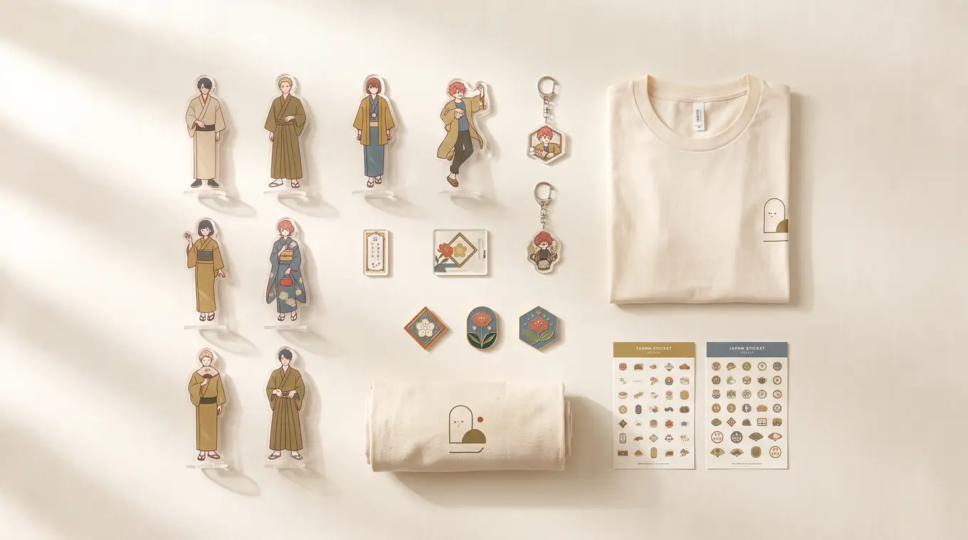 ブルームが手がけるオリジナルグッズの例。アクリルスタンド、キーホルダー、Tシャツ、ステッカーなど